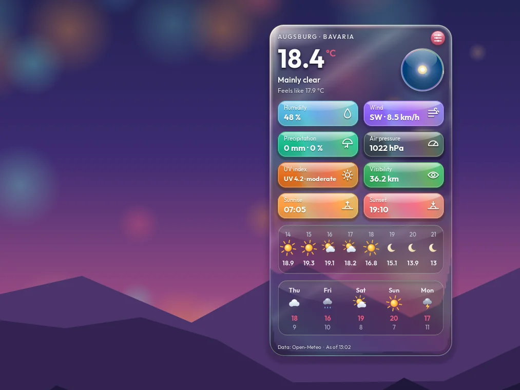 Rikus Weather as liquid glass on an evening sky